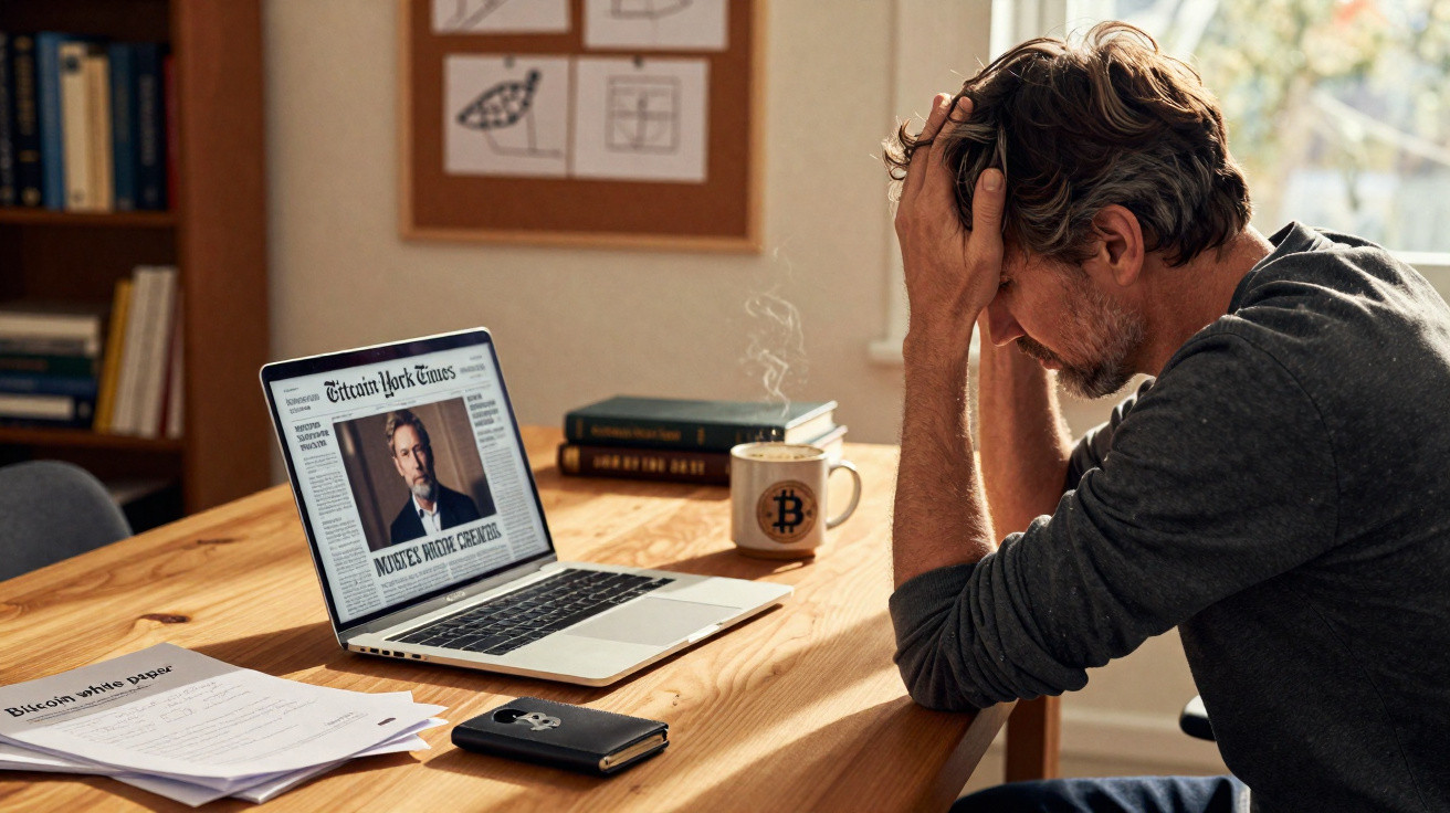 Man sitting at a wooden desk with head in hands, laptop showing news, coffee mug with Bitcoin logo steaming nearby.