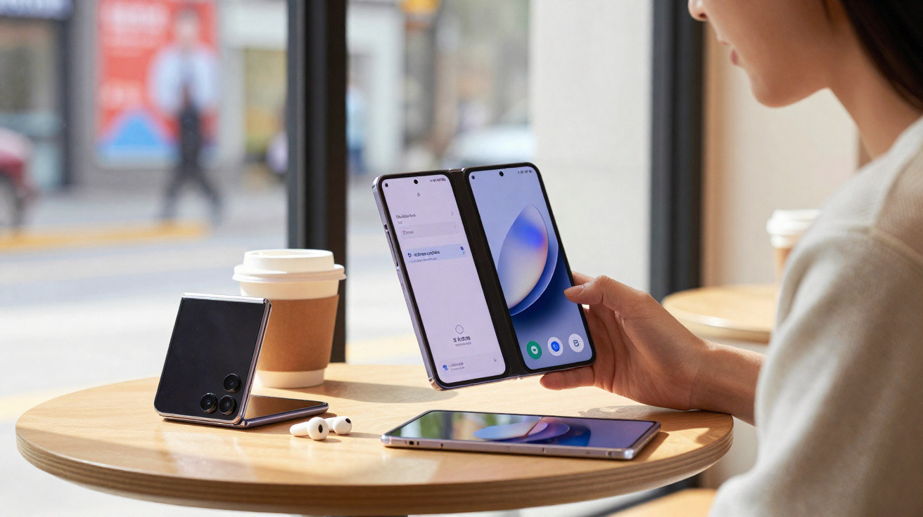 Person holding an open foldable smartphone on a table with a coffee cup, wireless earbuds, and other phones nearby.
