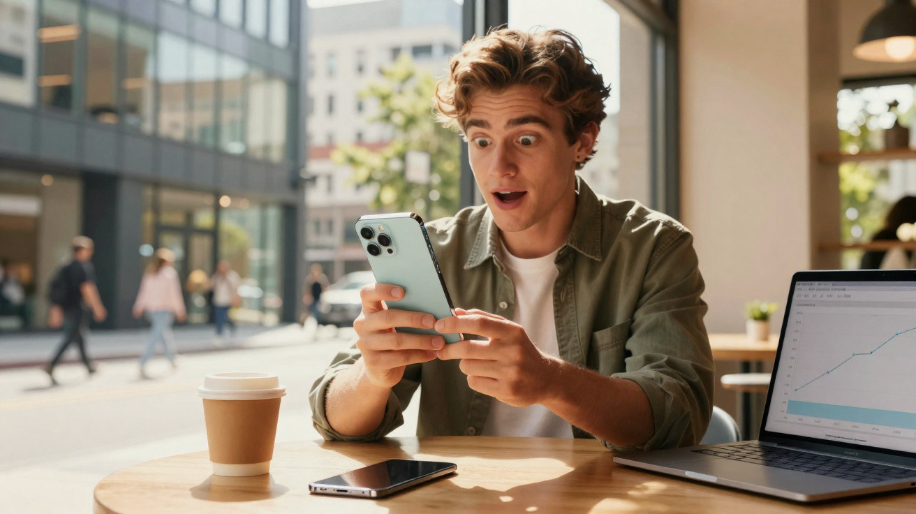 Young man looking surprised while using smartphone at a café table with laptop and coffee cup nearby.