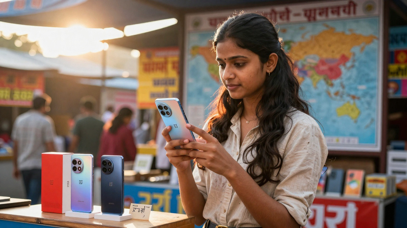 Young woman examining a smartphone at an outdoor market stall with phone displays and a world map behind her.
