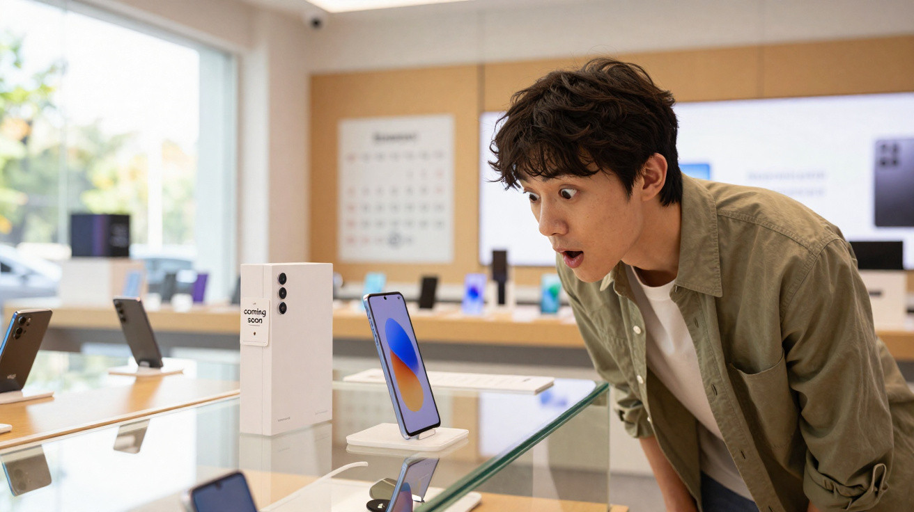 Young man with surprised expression looking at a new smartphone on display in a bright tech store.