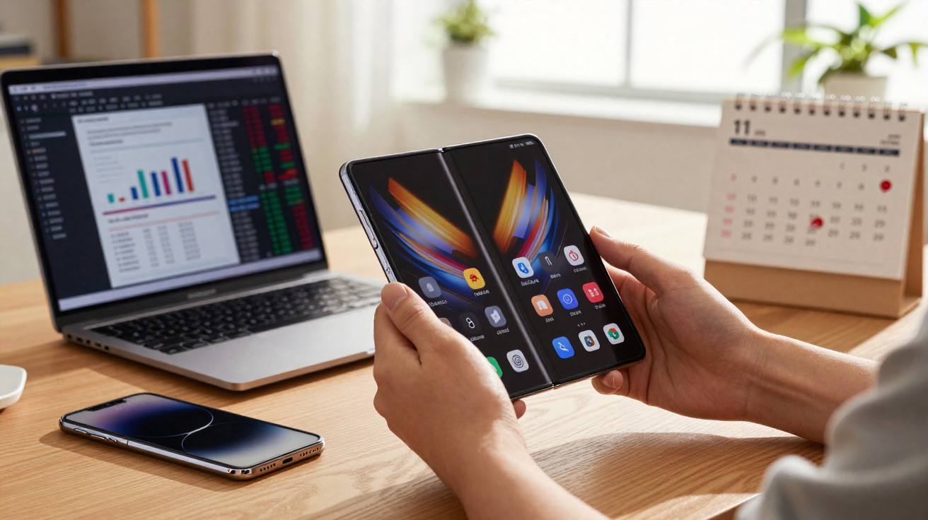 Person holding an open foldable smartphone at a desk with a laptop, calendar, and another phone.