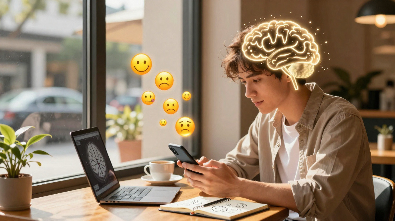 Young man using phone at table with laptop, mood emojis floating and glowing brain illustration above head.