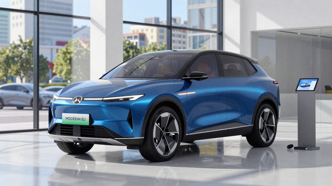 Blue Mocean EU electric SUV on display in a bright showroom with large windows and city view outside.