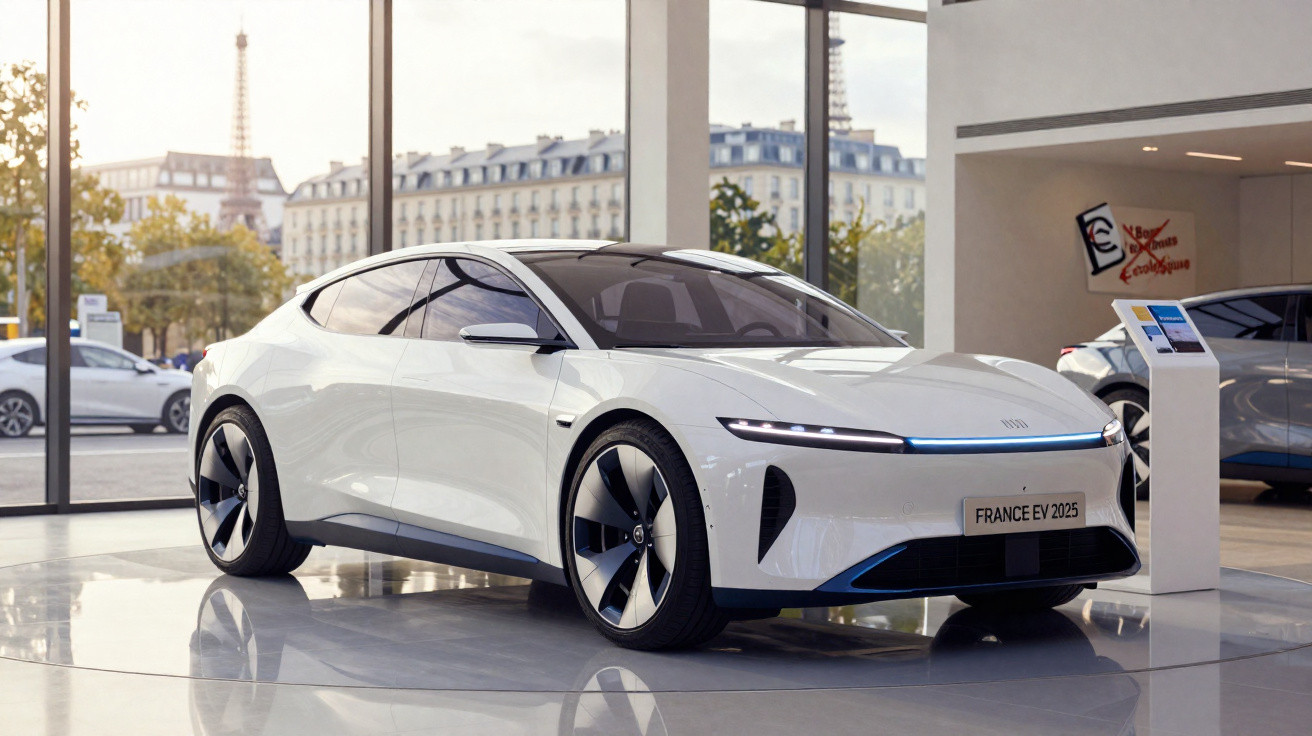 White futuristic electric car displayed indoors with Parisian buildings and Eiffel Tower visible outside.