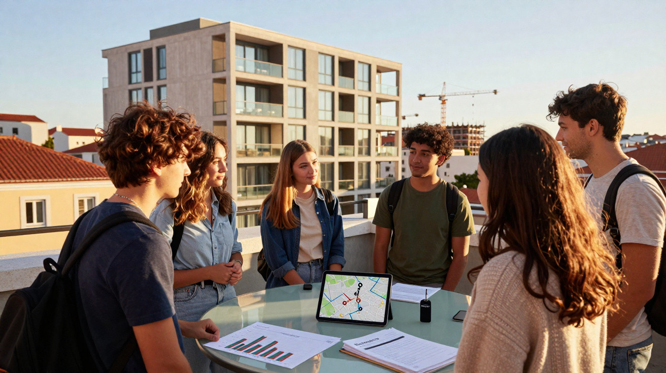Group of six young people discussing plans around a table with documents and a tablet showing a map outdoors.