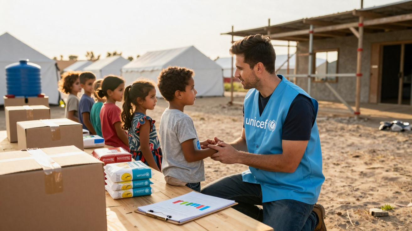A UNICEF worker kneels talking to children lined up at a table with aid supplies outside tents.