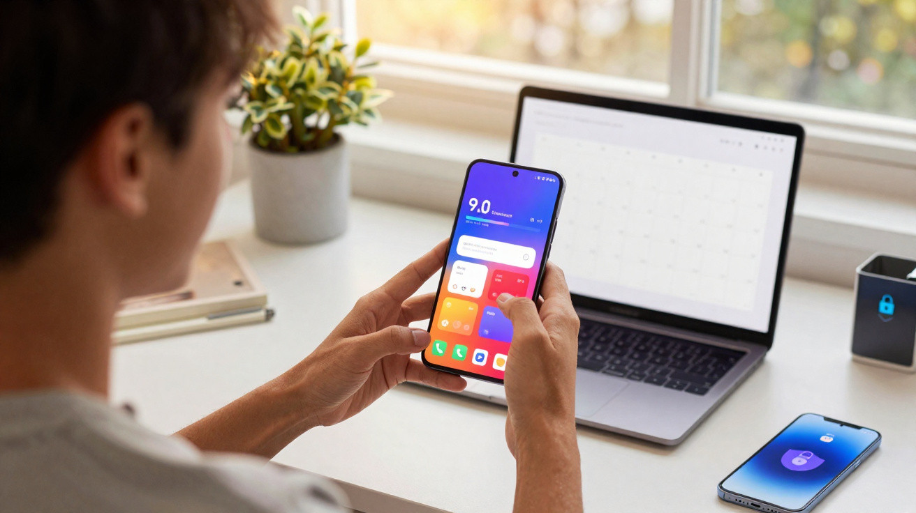 Person holding a smartphone with apps open, a laptop displaying a calendar, and a phone with a lock icon on desk.