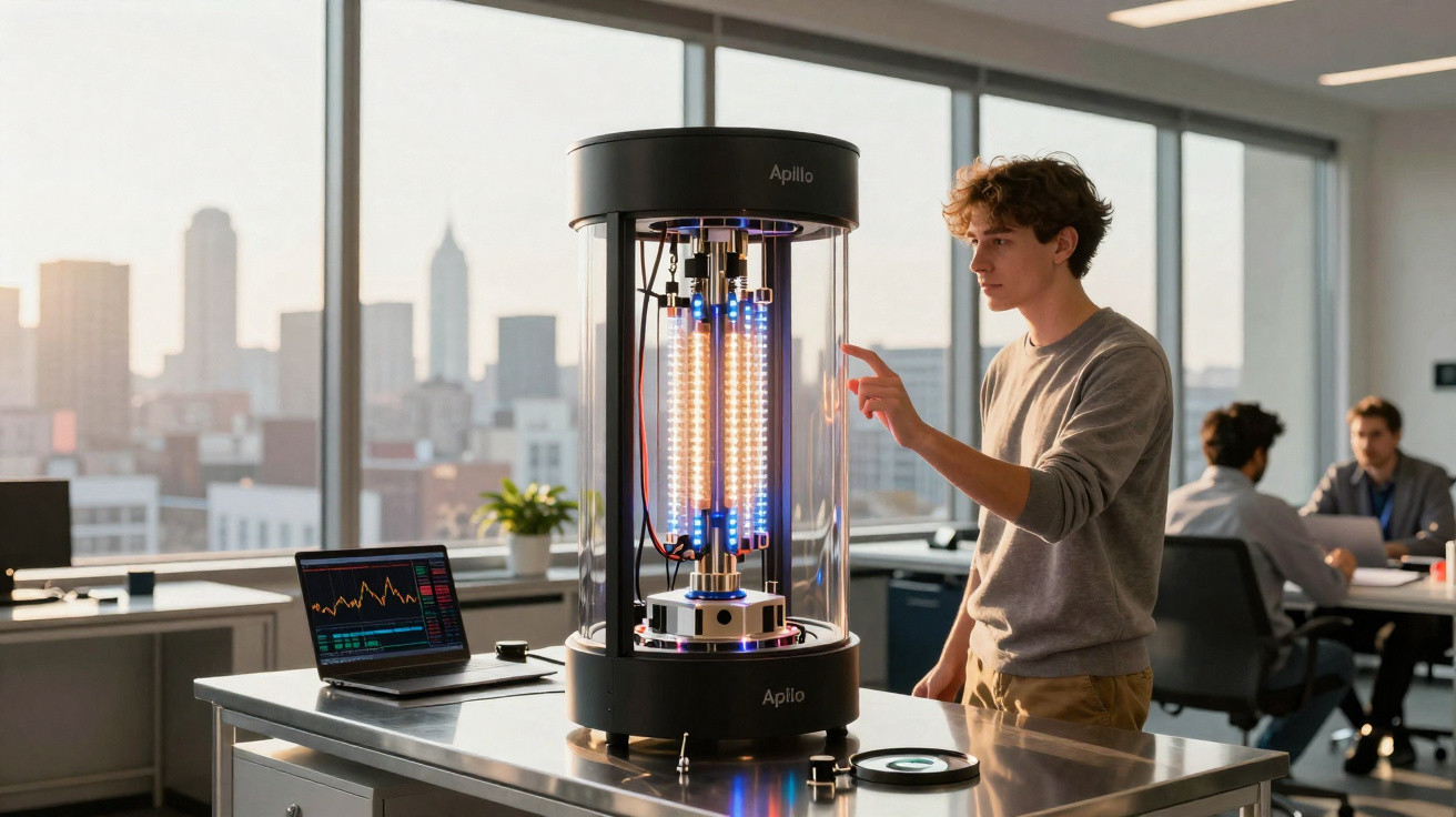 Young man interacting with a quantum computing device in a modern office with city views.