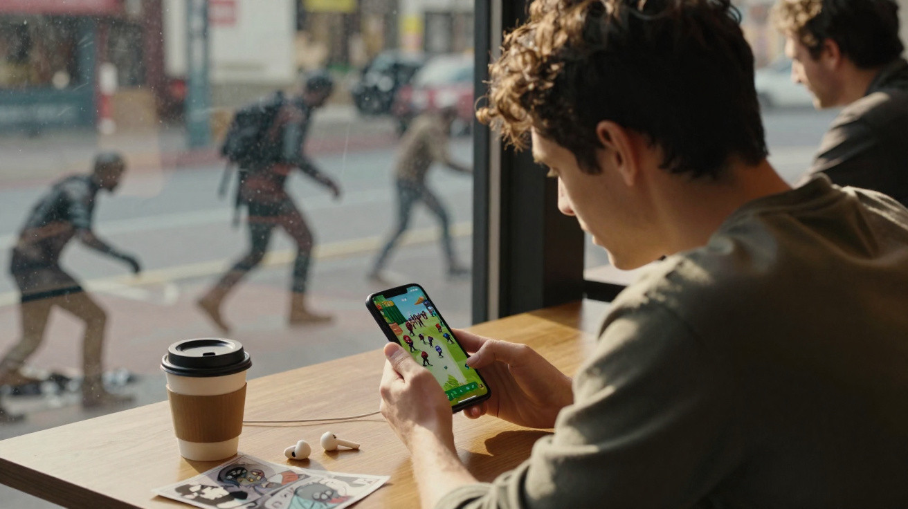 Man sitting at a café table playing a mobile game with a coffee cup and wireless earbuds nearby.
