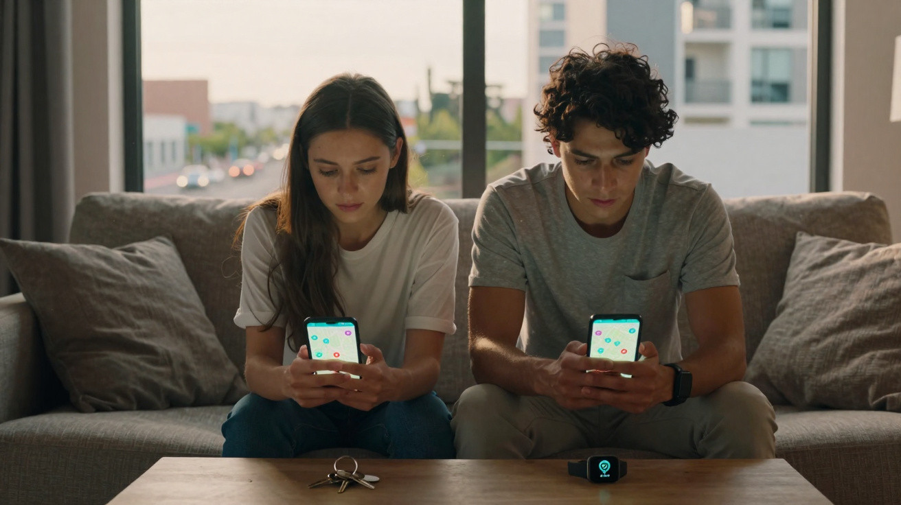 Young woman and man sitting on sofa using smartphones with smartwatch on table in front of them.