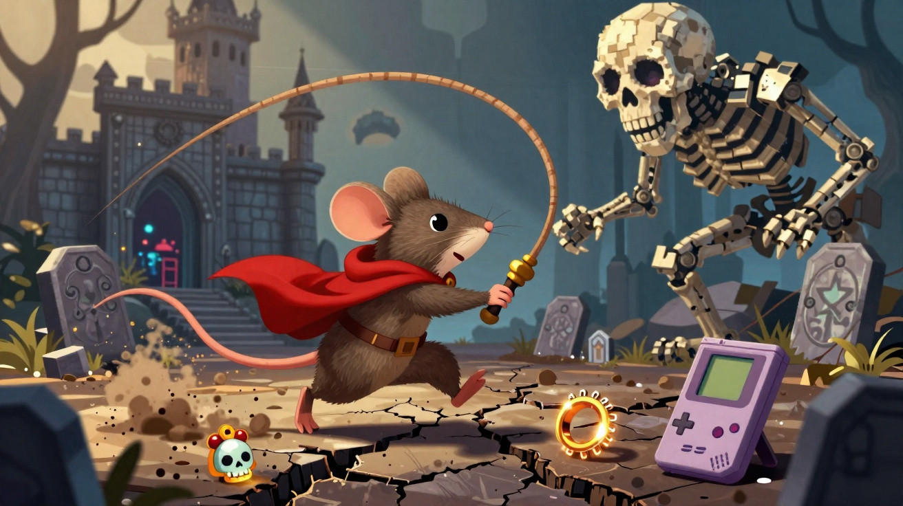 A brave mouse in a red cape battles a skeletal robot with a whip in a cracked graveyard near a retro game console.