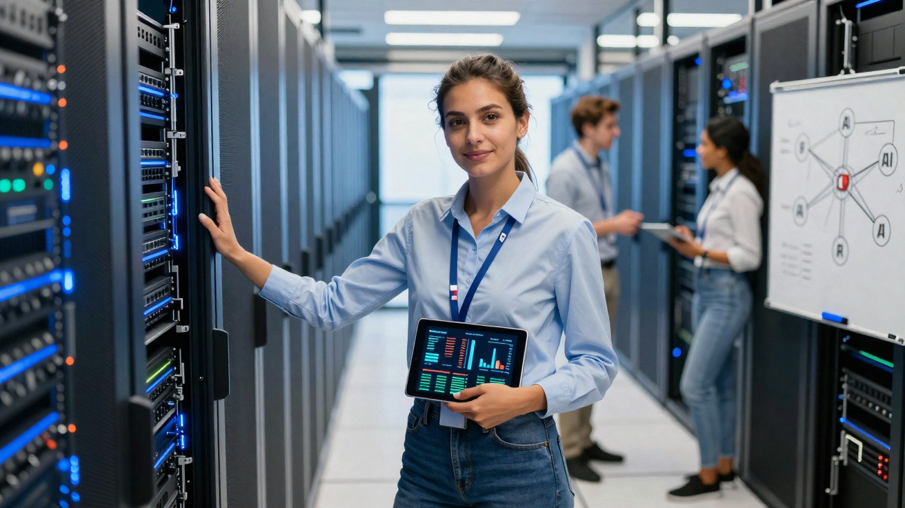 Woman holding tablet with data analytics standing in server room with two colleagues and network diagram on whiteboard.