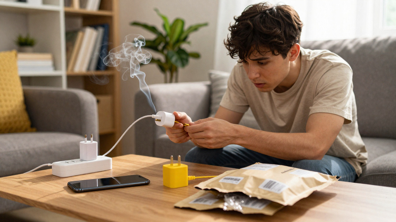 Young man fixing a sparking electrical plug at a wooden table in a living room.