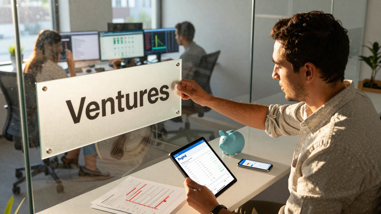 Man using tablet displaying PayPal near a glass wall with "Ventures" sign in a modern office with colleagues.