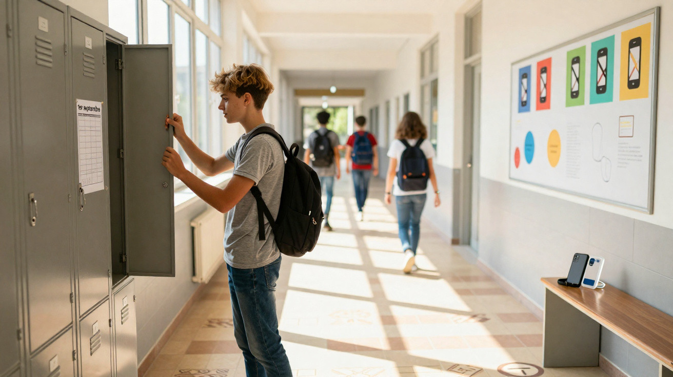 Teenage boy with backpack opening school locker in a sunlit corridor with students walking ahead.