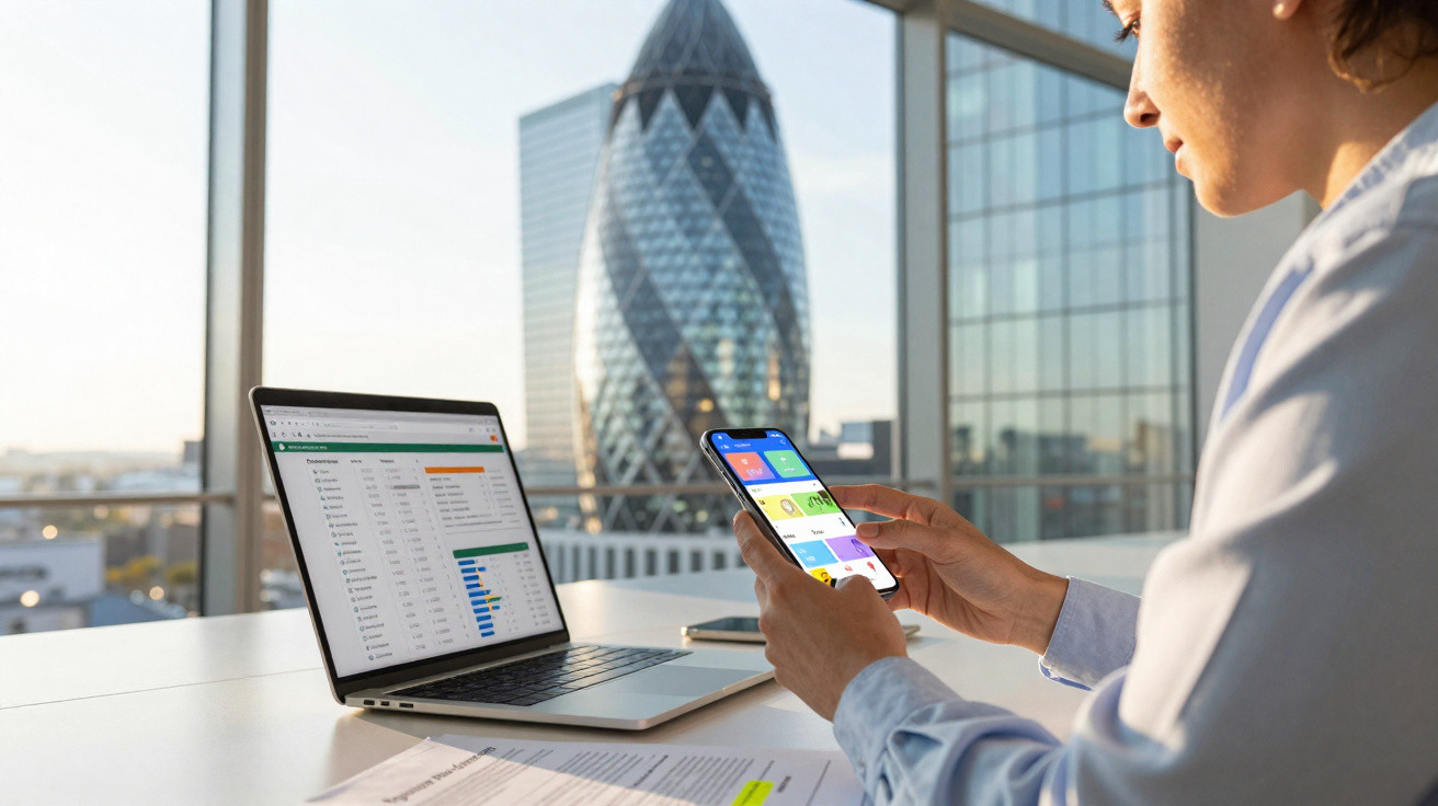 Person using a smartphone with a laptop displaying charts on a desk in an office overlooking London’s Gherkin building.