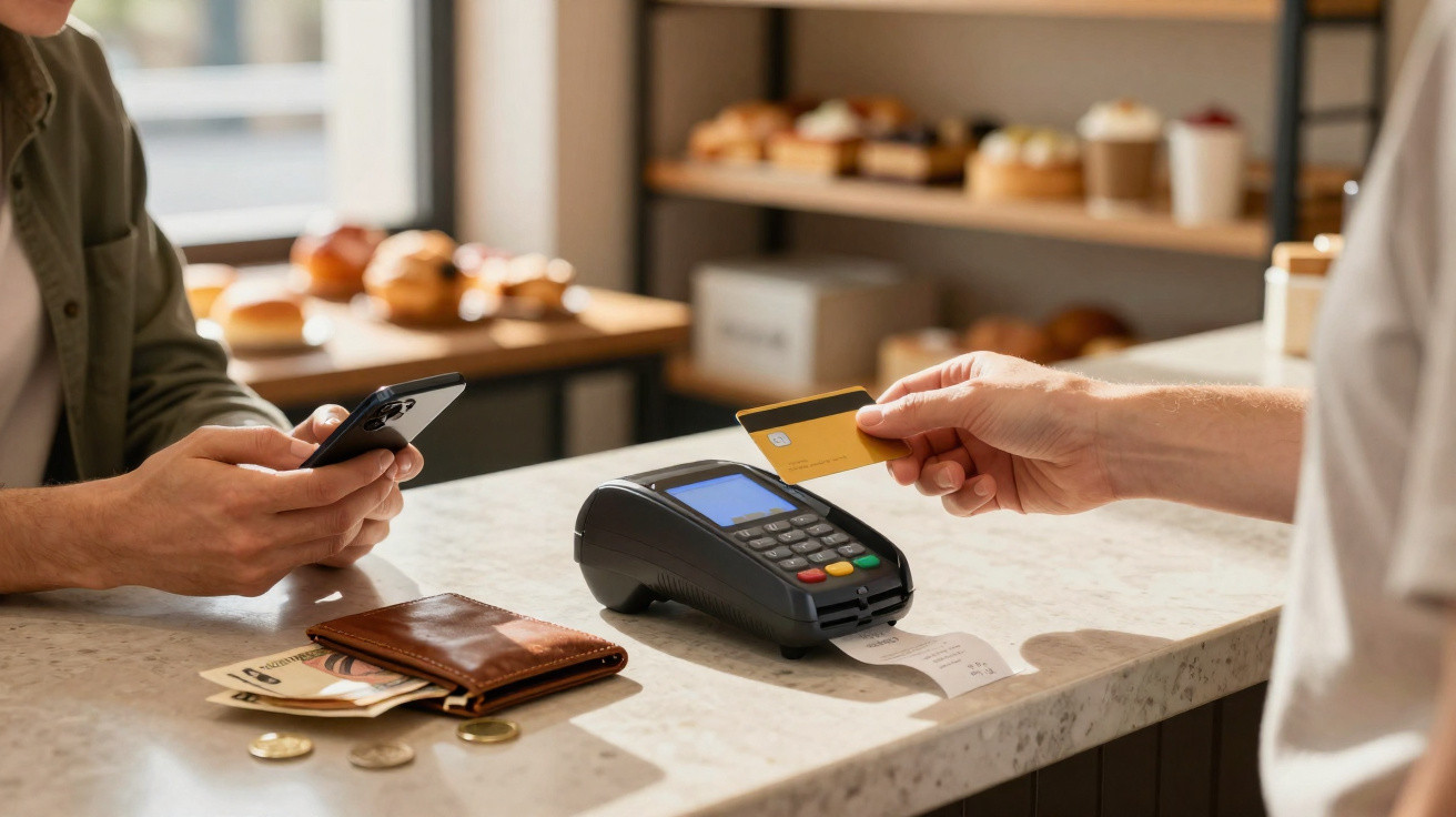 Customer holding a yellow credit card near a card reader on a cafe counter with another person using a smartphone.