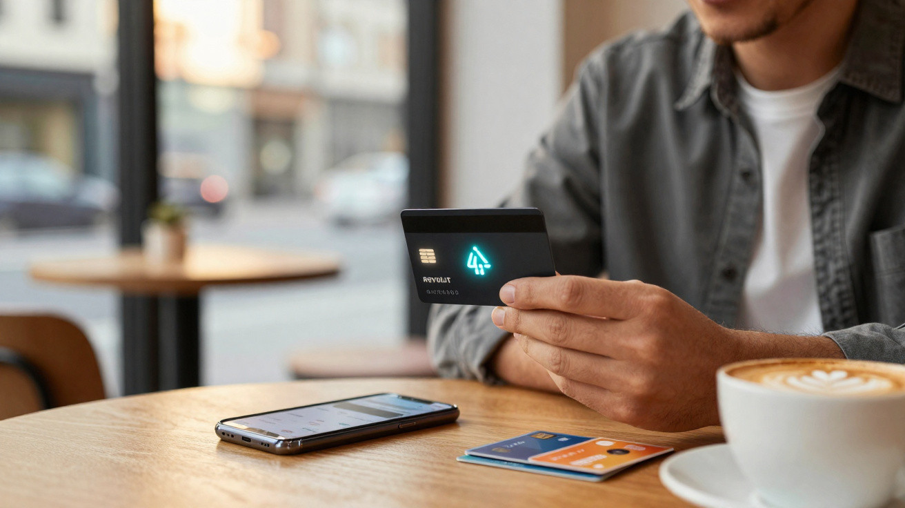 Person holding a black Revolut card inside a cafe with a smartphone and two other cards on the table.