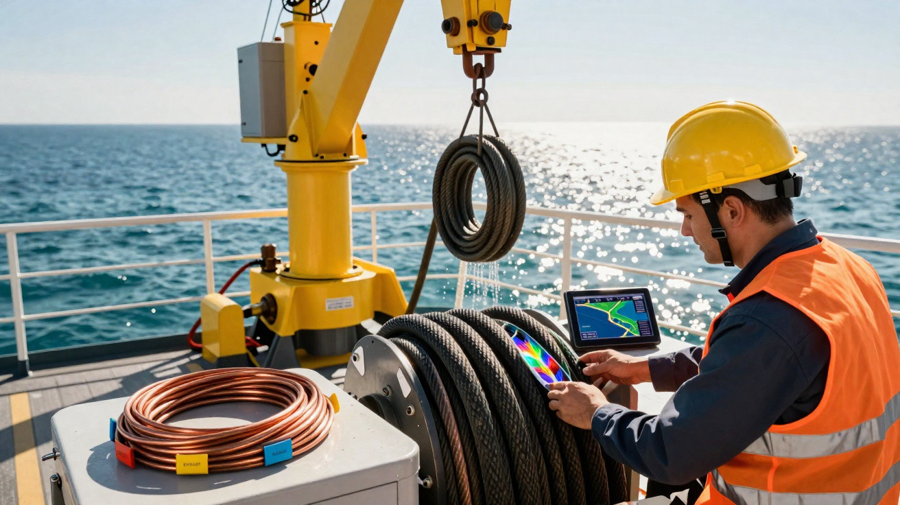 Engineer in a yellow helmet and orange vest checking cables on a ship deck with ocean in the background.
