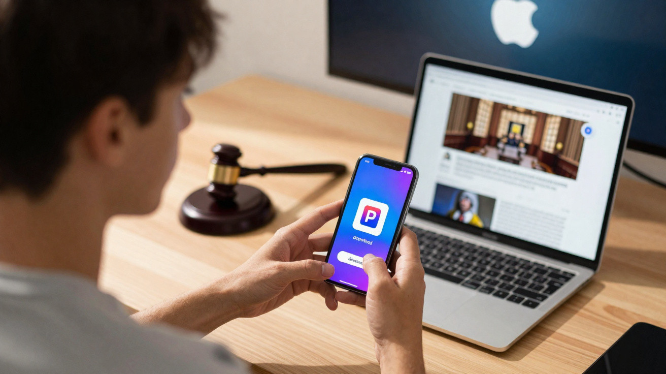 Person holding smartphone displaying a payment app, with a gavel and laptop on a wooden desk nearby.