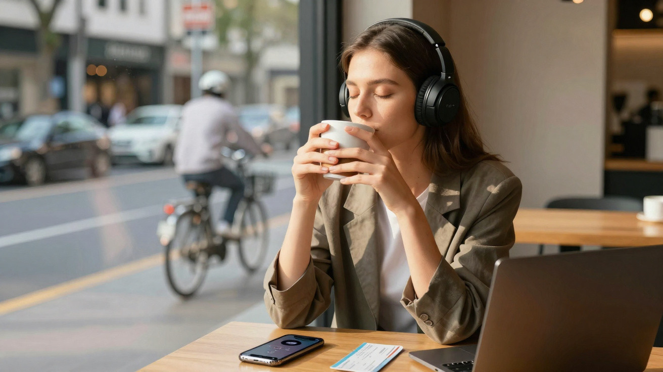 Woman wearing headphones sipping coffee at a table with a laptop and phone in a cafe by the window.