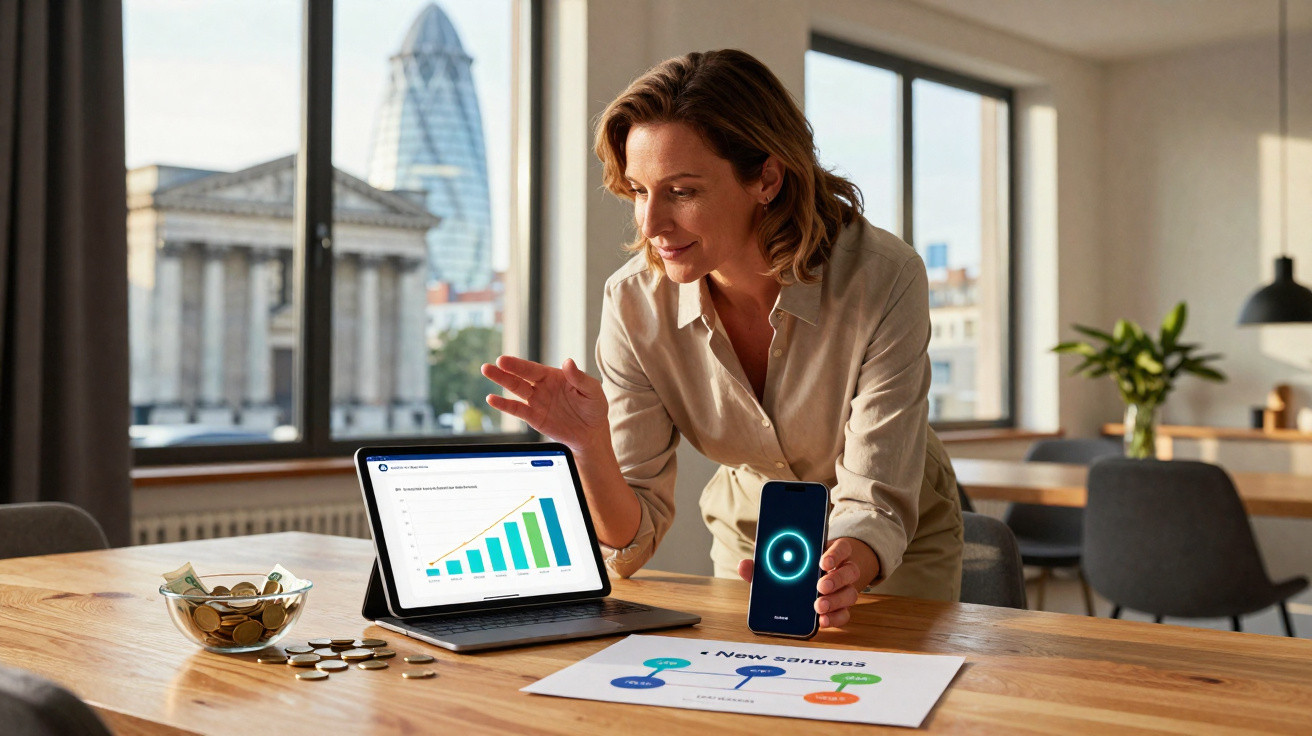 Woman presenting financial growth charts on a tablet and paper while holding a smartphone in a modern office.
