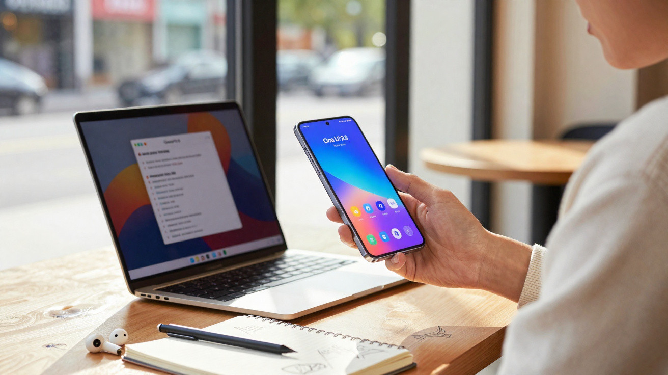 Person holding a One UI 5.1 smartphone next to a laptop, notebook, pen, and wireless earbuds on a wooden table.
