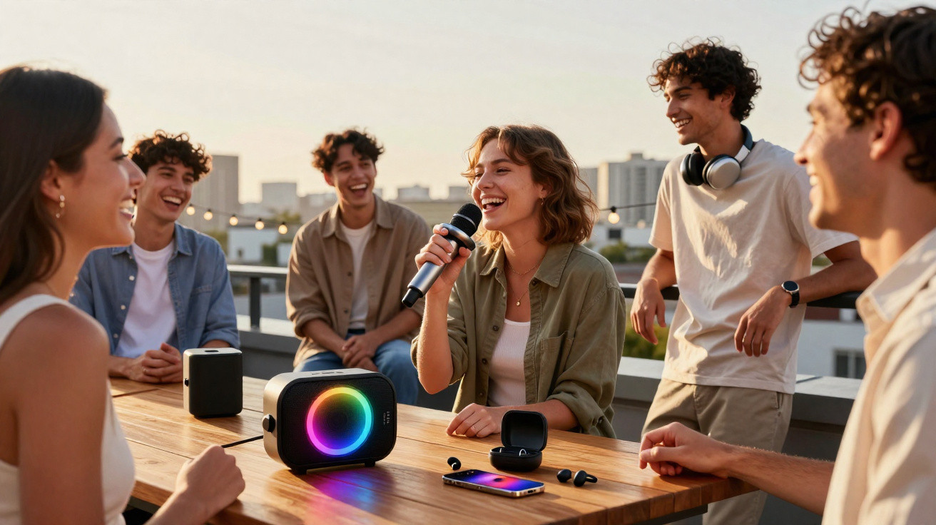 Group of young adults enjoying music on a rooftop with a colourful speaker and wireless earbuds on a wooden table.
