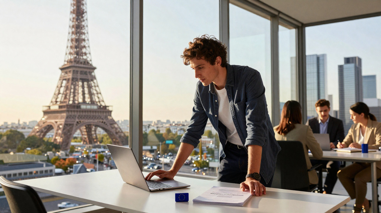 Young man working on a laptop in a modern office with the Eiffel Tower visible through large windows.