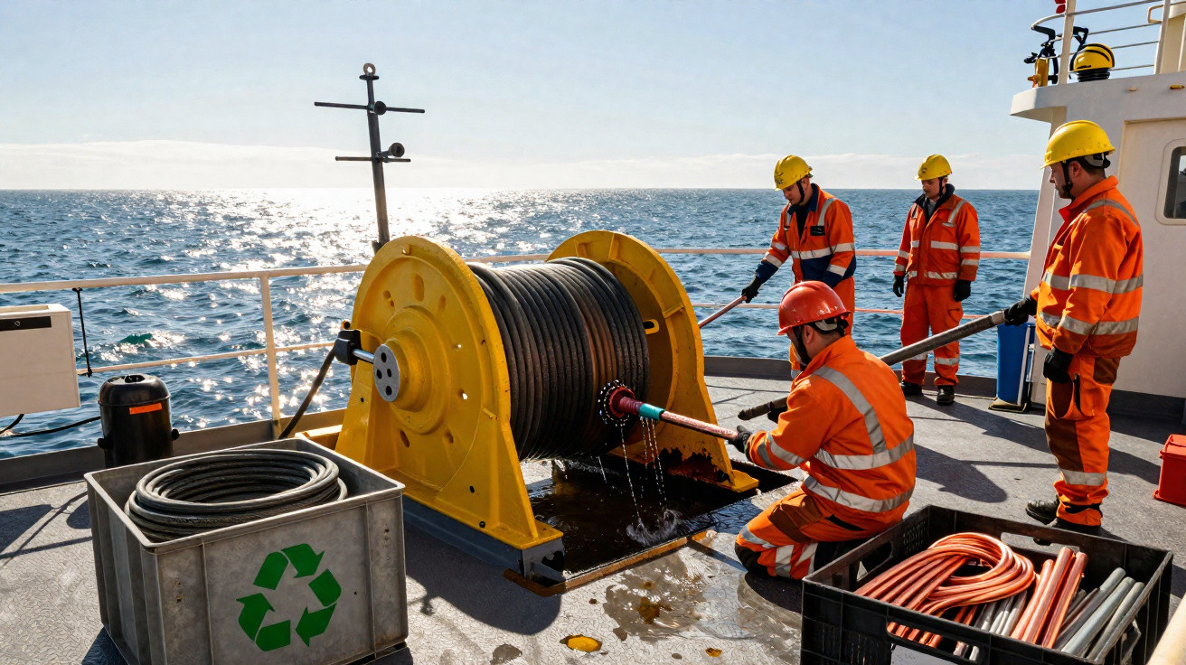 Workers in orange safety gear operating large spool of cable on a ship deck at sea on a sunny day.