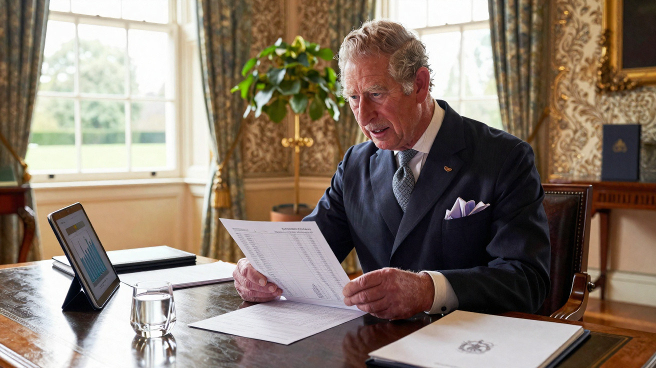 An older man in a suit sitting at a polished wooden desk reading printed documents in a formal room.