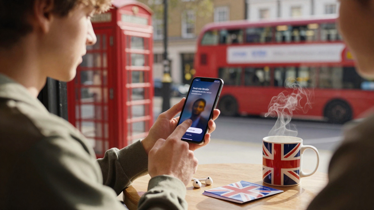 Person using a smartphone at a table with Union Jack mug and passport, with a red phone box and double-decker bus outside.