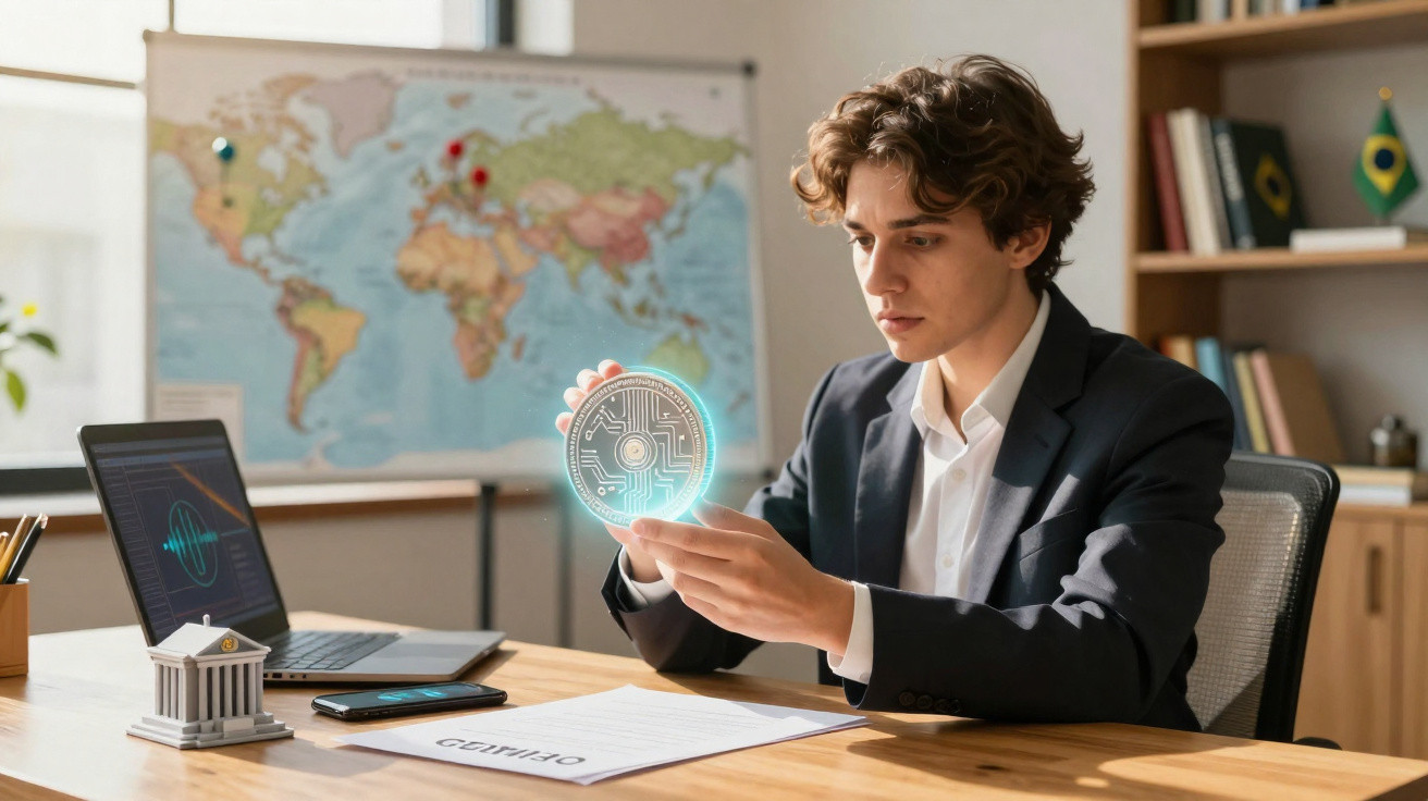 Young man in suit examining a holographic digital coin at a desk with laptop and world map behind.