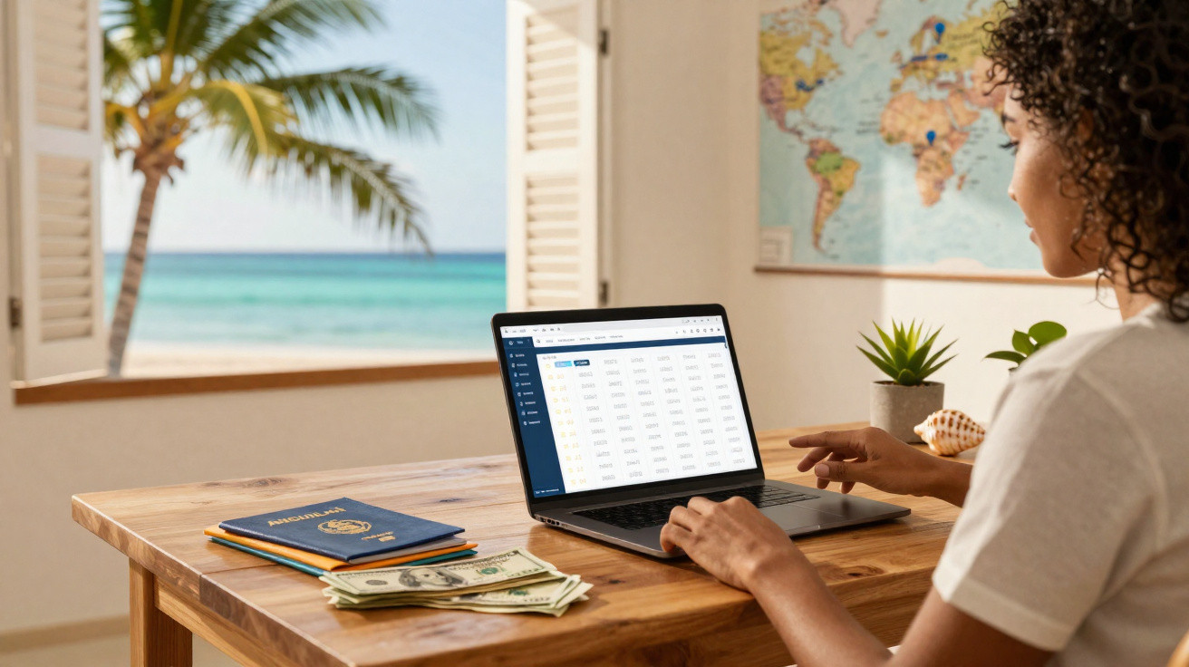 Person using laptop at wooden table with passport, money, and tropical beach view through window.