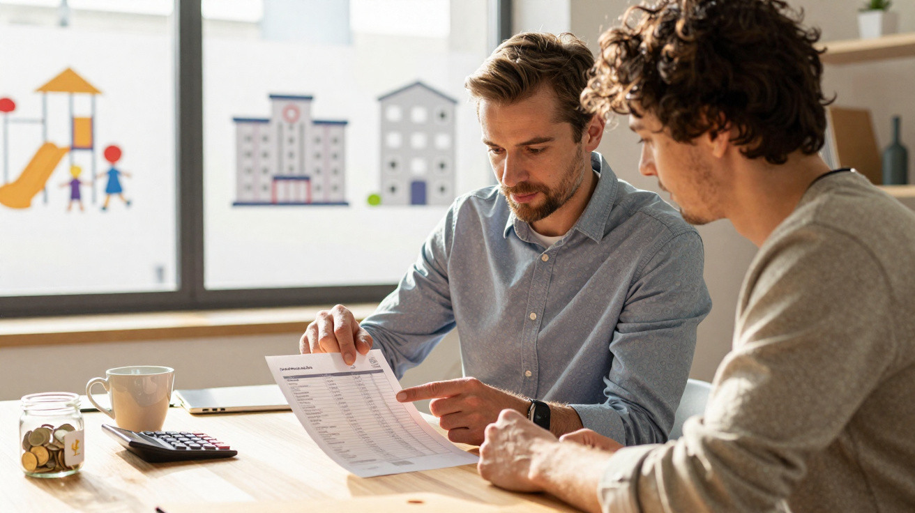 Two men discussing financial documents at a table with a calculator and money jar by a window.