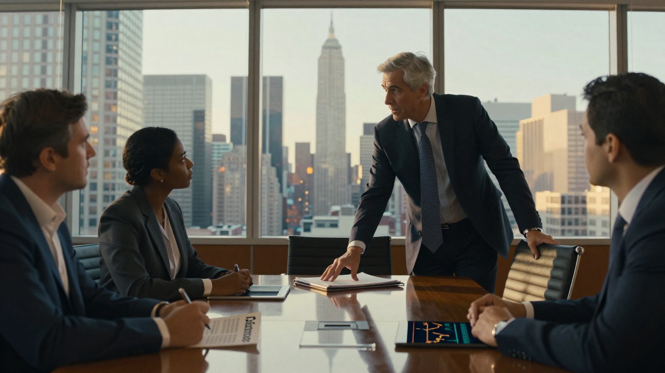 Business meeting with four professionals in suits discussing documents in a high-rise office with city view.