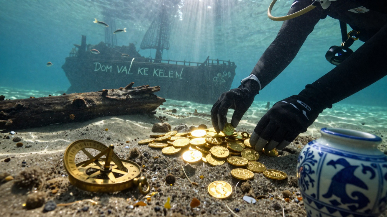 Diver underwater collecting golden coins near a shipwreck with an old compass and a blue patterned jar nearby.