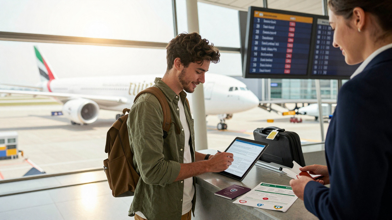 Young man with backpack filling out a form on a tablet at airport check-in counter with Emirates plane outside.