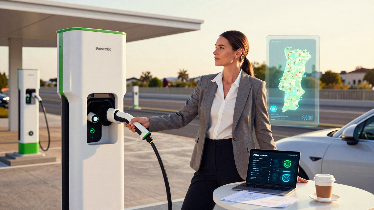 Professional woman charging electric car at station with laptop and coffee on table nearby.