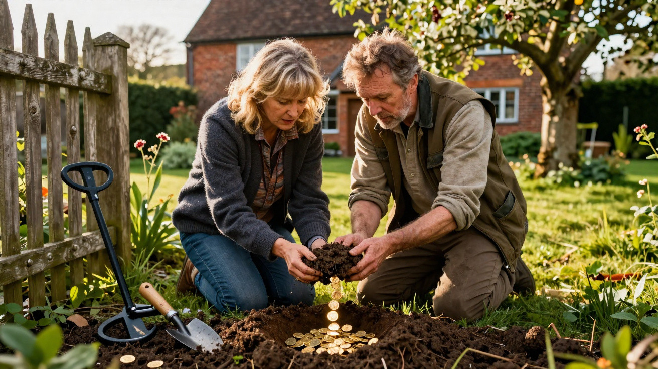 Middle-aged couple digging in garden soil revealing a pile of gold coins underneath near a wooden fence.
