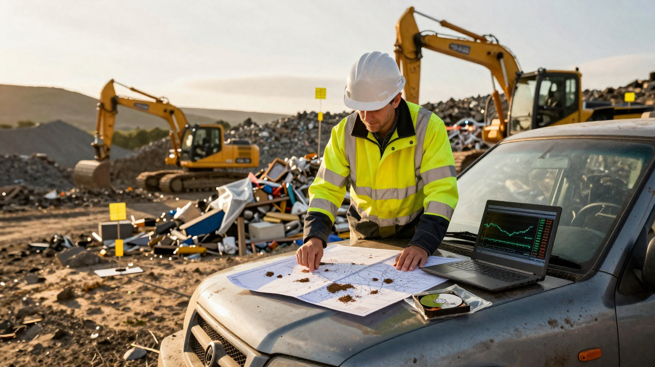 Construction worker in high-visibility jacket and helmet reviewing plans on car bonnet at a building site with machinery.