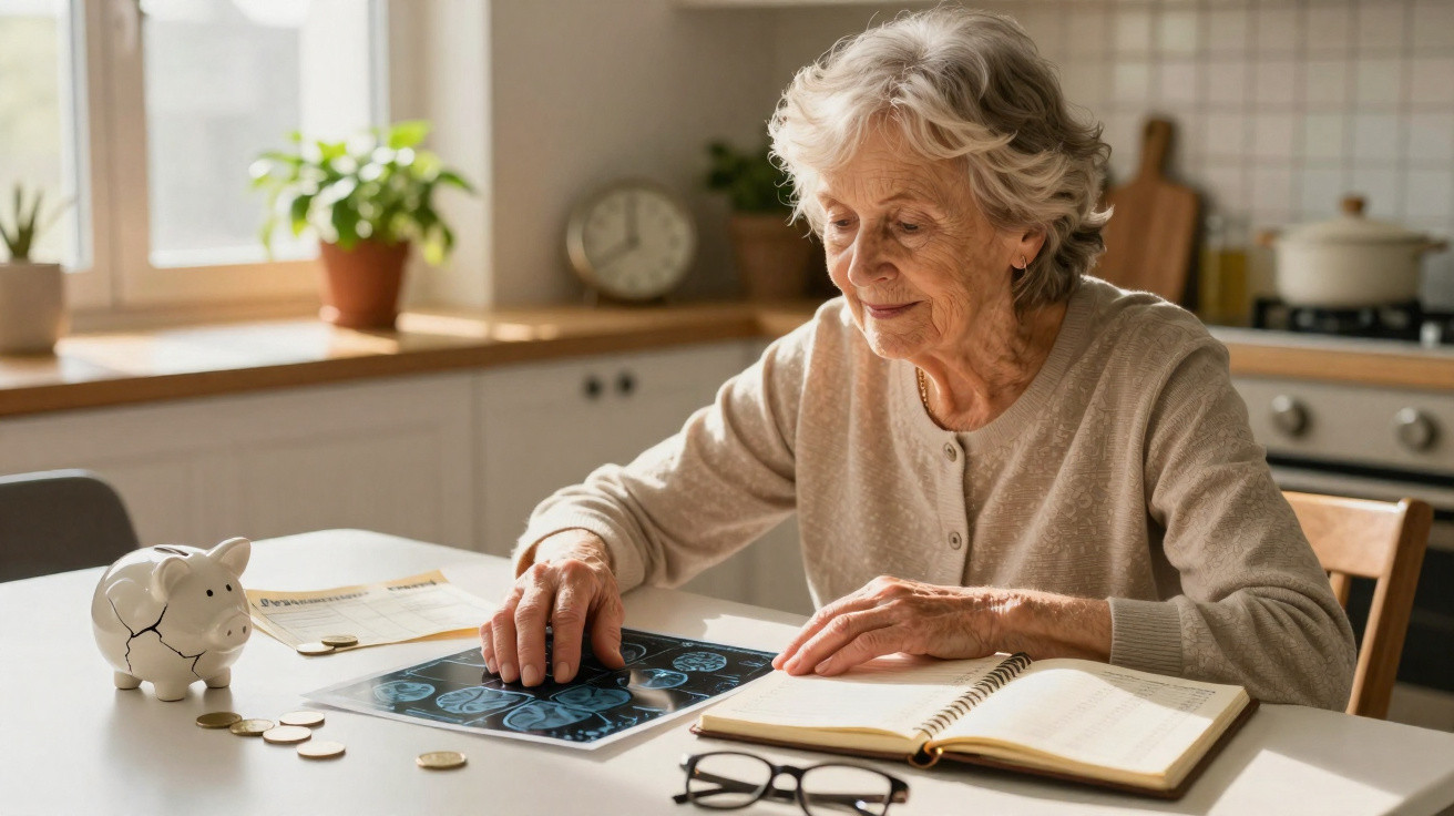 Elderly woman examining brain x-rays at a table with an open notebook, glasses, coins, and a piggy bank.