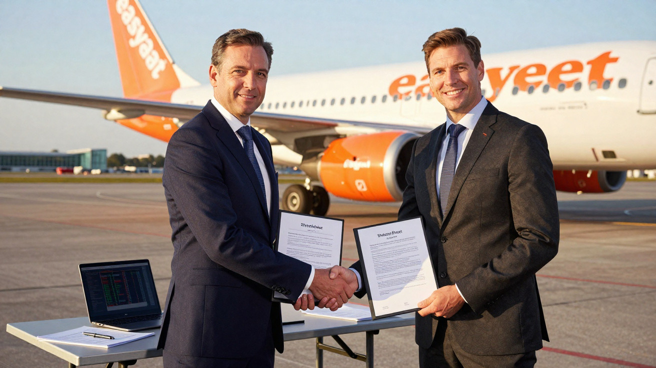 Two men in suits shaking hands and holding documents in front of an easyJet airplane on the tarmac.