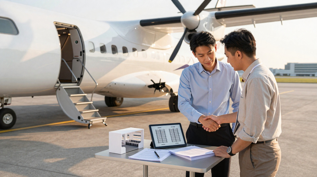 Two men shaking hands by a table with documents and a laptop in front of a private propeller plane.