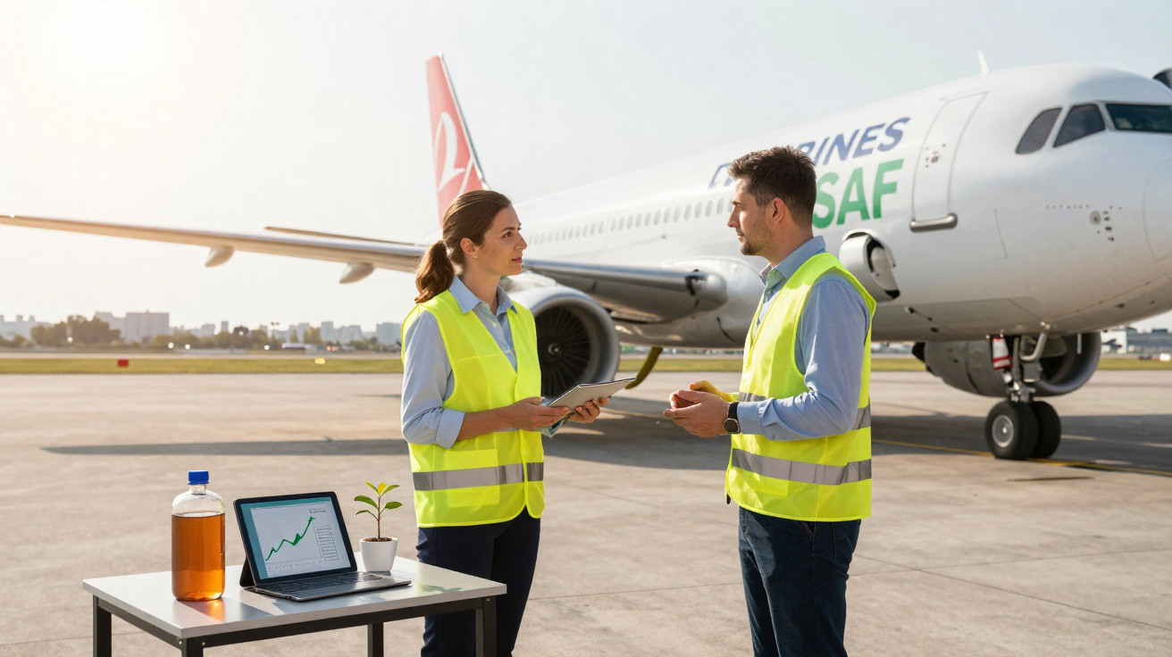 Two aviation workers in high-visibility vests discussing near a plane with a table showing sustainable aviation fuel data.