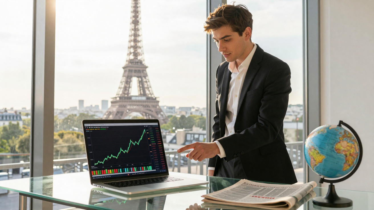 Young businessman pointing at rising stock chart on laptop with Eiffel Tower visible through window behind him