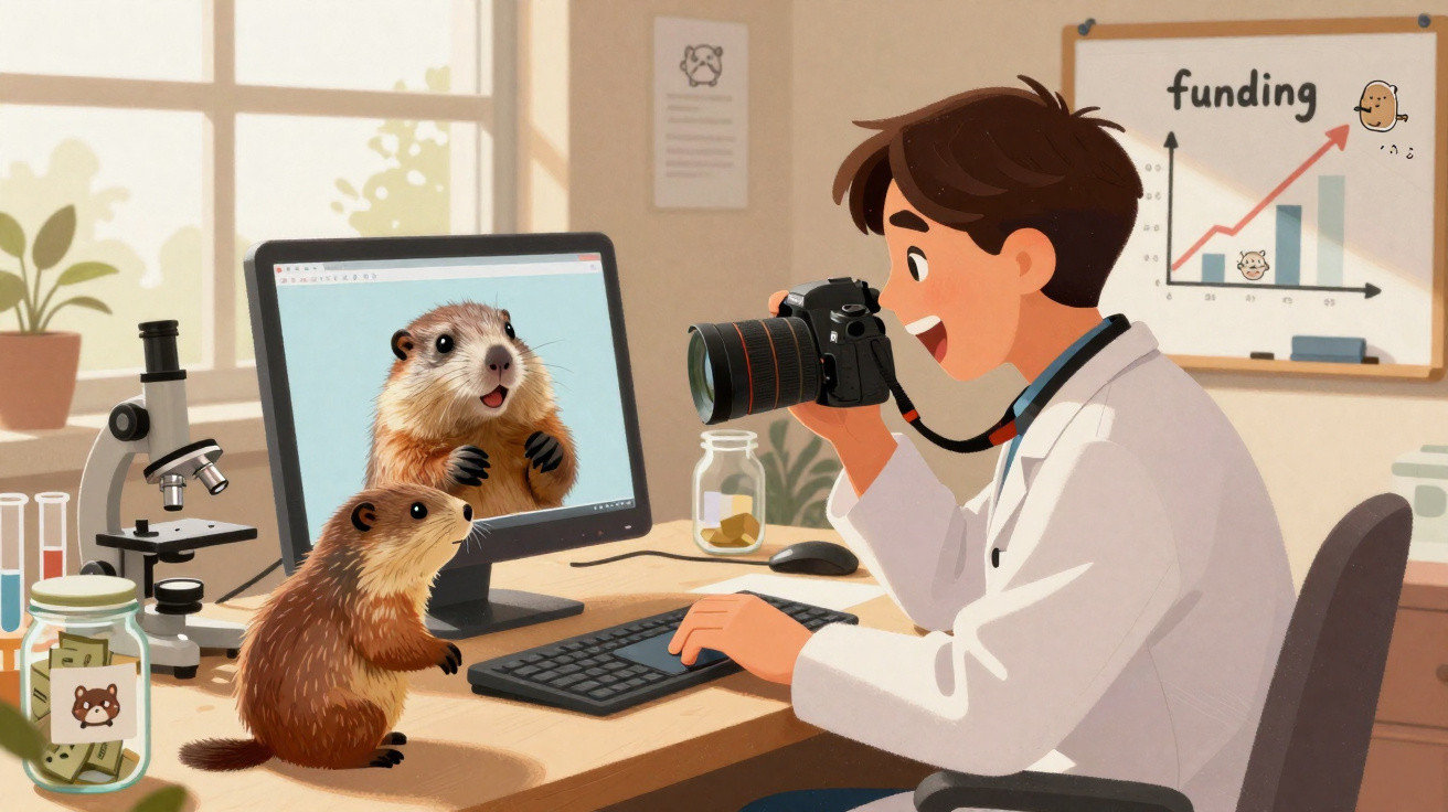 Scientist photographing a prairie dog in a lab with research charts and microscope in the background.