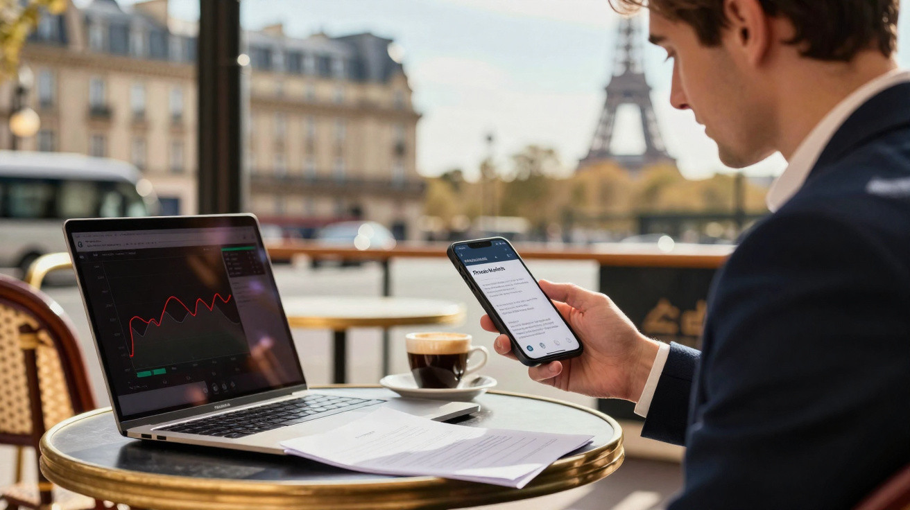 Man using smartphone with laptop, papers, and coffee on a table at an outdoor café with Eiffel Tower in the background.