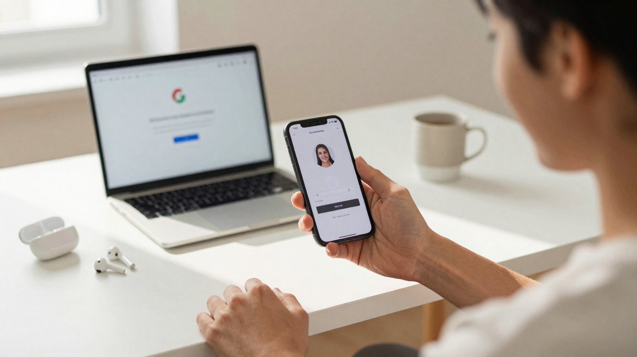 Person holding smartphone with facial recognition screen beside open laptop and wireless earbuds on desk